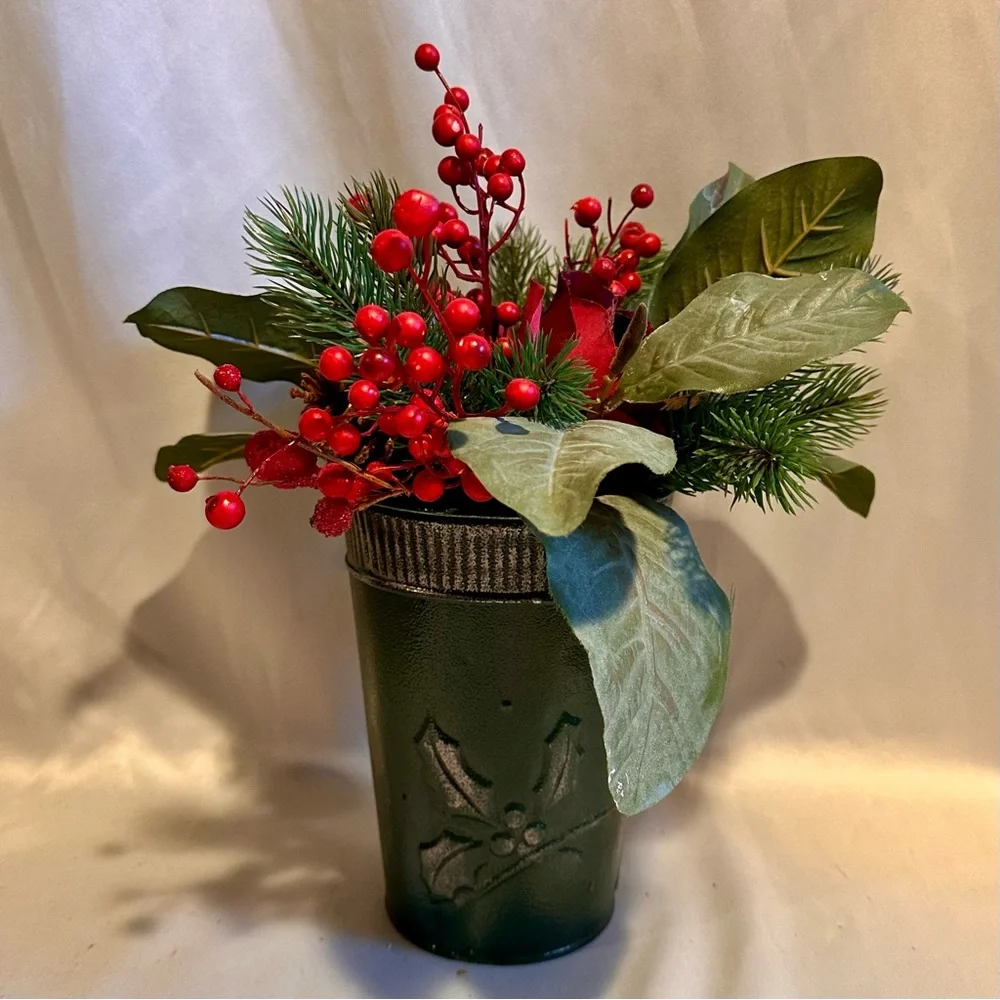 Festive Green and Red Silk Winter Arrangement Roses Berries Pine in Metal Pot